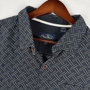 Nat Nast Silk Blend Mens XL Geometric Lattice Button Up Shirt Navy Blue
